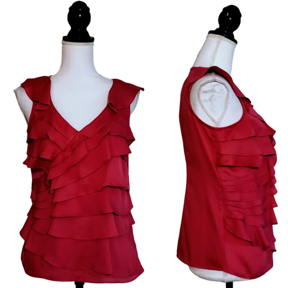 ANNE KLEIN Top, Pink 100% Polyester Sleeveless Ruffle Tiered Career Office, S